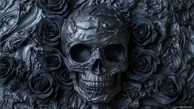 Haunting black skull, swirling shadows, delicate black roses, gothic romance.