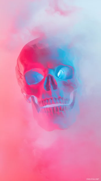 Haunting neon skull, pink blue glow, wispy fog.