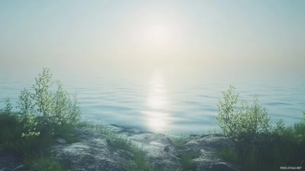 Hazy horizon where sea meets sky in a summer dream.