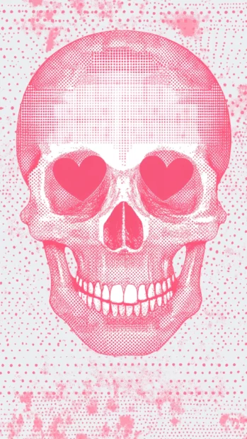 Heart eyed skull centered in dotted grid of pink and white.