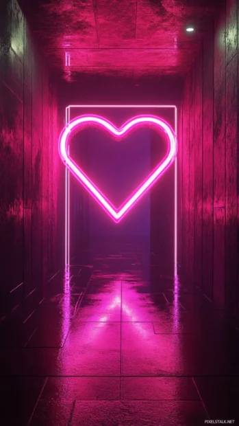 Heart shaped neon portal floating in dark void, Romantic pink neon lights.