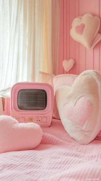 Heart shaped pillows and a pink radio playing love songs.