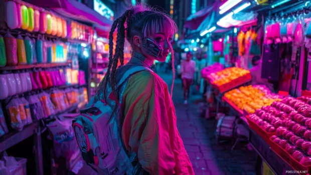 Heavily augmented citizen walking past neon infused market stalls in a cyberpunk setting.
