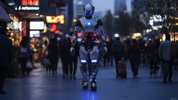 Heavily modified cyborg walking through a tech bazaar at dusk.