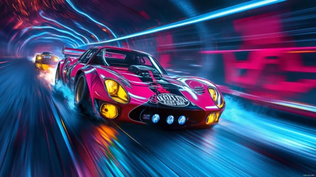 Heavily modified street racers zooming through glowing tunnels beneath the neon metropolis.