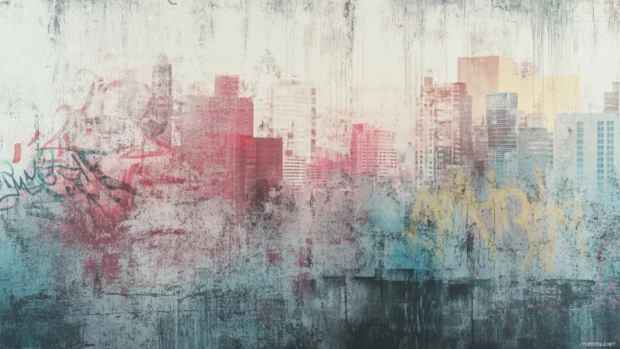 Heavy graffiti textures layered over a misty urban cityscape.
