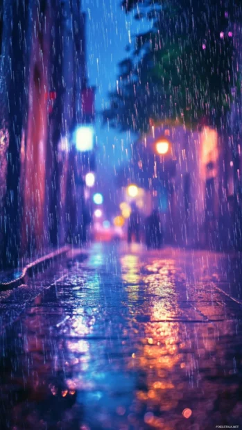 Heavy neon rain pouring down misty alley, Neon rain wallpaper for phone.