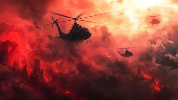 Helicopters flee above Shin Godzilla as smoke clouds rise.