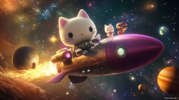 Hello Kitty and crew exploring space, rocket ship, surrounded by planets and stars.