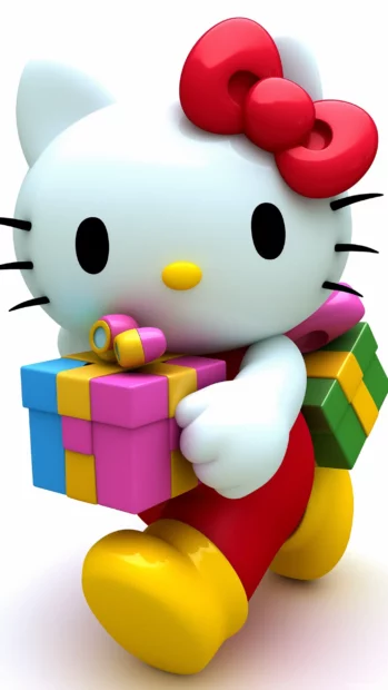 Hello Kitty and friends at a birthday party with balloons, cake, and presents in a cheerful garden.
