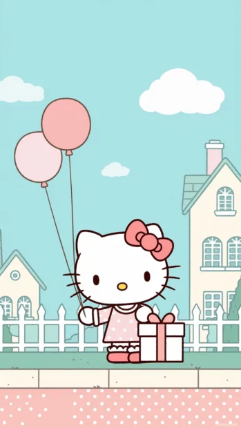 Hello Kitty and her friends celebrating with cake, balloons, and presents in a sunny garden.