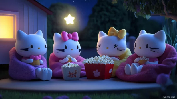 Hello Kitty and her friends enjoying a cozy movie night under the stars, snuggled in blankets with popcorn and snacks.