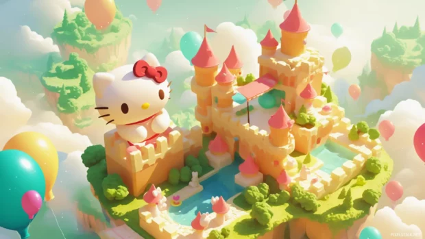 Hello Kitty building a castle out of soft jelly bricks.
