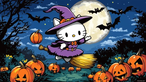 Hello Kitty dressed as a cute witch, flying on a broomstick against a full moon, with pumpkins and bats in the background.