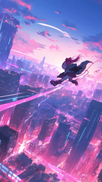 Hello Kitty flying in a jetpack over a glowing pink skyline.