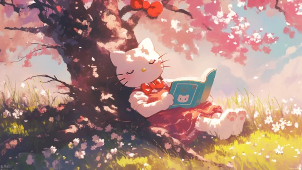 Hello Kitty relaxing under a sakura tree reading a fairy tale.