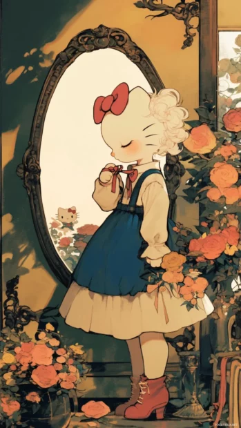 Hello Kitty tying her ribbon beside a vintage mirror and flowers.