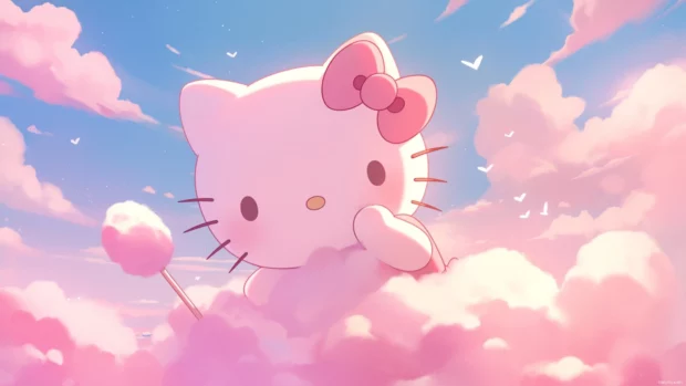 Hello Kitty waving from a cotton candy cloud in pink sky.