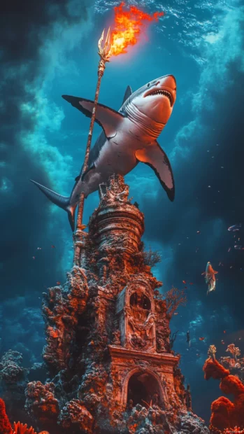 Hero shark standing atop coral tower with flaming trident.