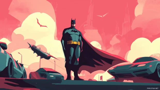 Heroic Batman stance, wind blown cape, gadgets, vehicles, dynamic comic panel.