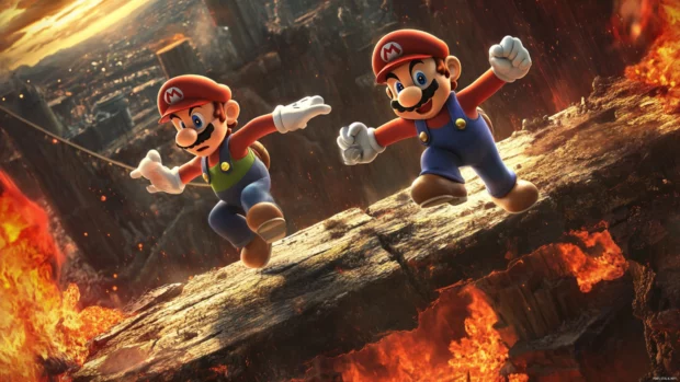 Heroic Mario and Luigi Wallpaper where the two jump across a collapsing bridge above lava.