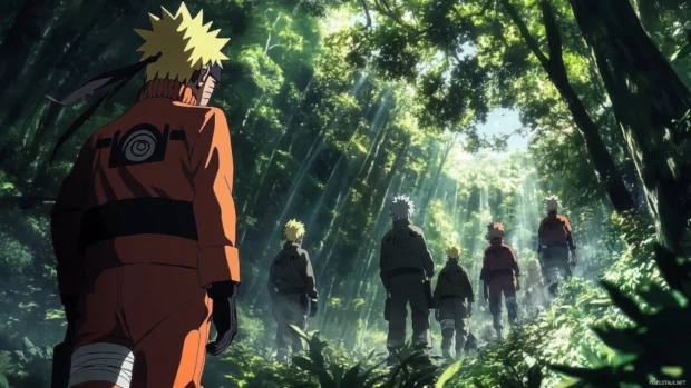 Heroic Naruto Moving Wallpapers with Naruto leading Team 7 through the forest.