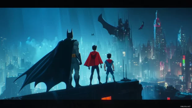 Heroic rooftop pose, Batman and Robin, Gotham lights, comic sound effects.