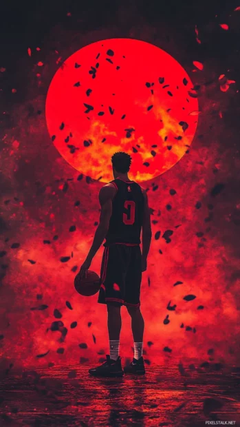 Heroic stance of a basketball player with red sun backdrop and falling petals.
