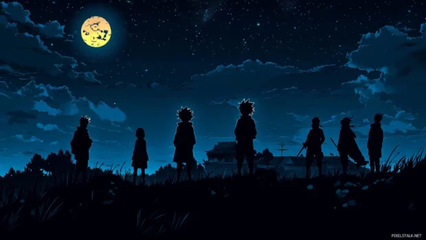 Hidden Leaf Village at night with silhouettes of Naruto characters, best Naruto wallpapers.