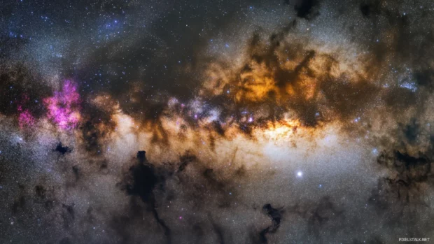 Hidden lakes catching sparks of the Milky Way, framing the essence of vibrant universe star wallpaper.