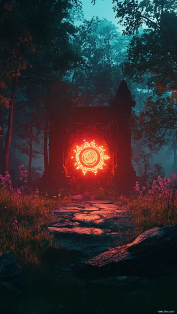 Hidden neon shrine glowing deep in forest.