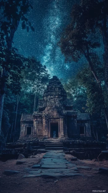 Hidden temples embraced by starry forests.