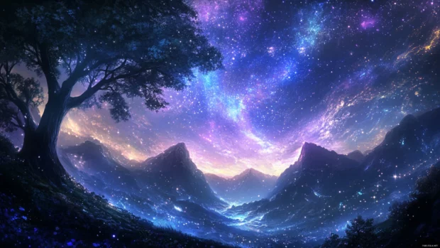 Hidden valleys resting under a thousand lights, revealing the beauty of serene cosmic sky stars background.