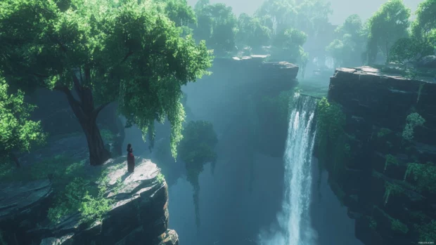Hidden waterfall cascading through pretty jungle canyon.
