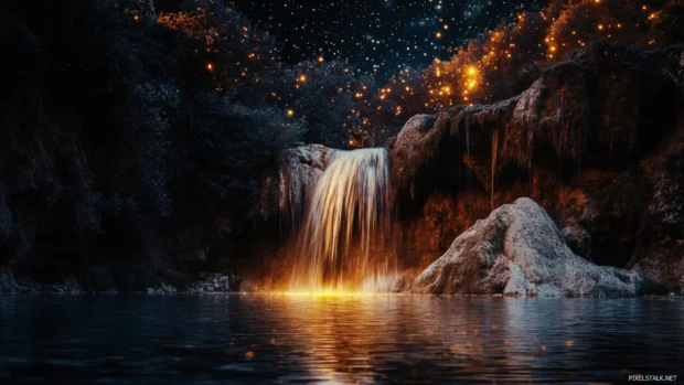 Hidden waterfalls glinting under the starry dome.