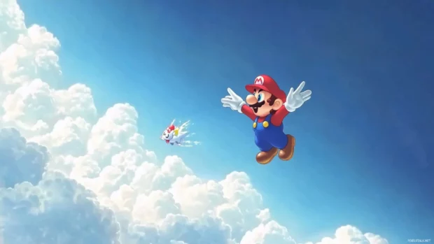High above the clouds, Mario chases a Lakitu across the sky in Super Mario World.