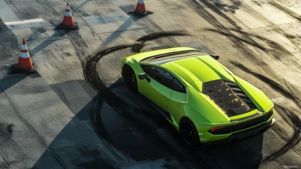High angle shot of a lime green Lamborghini at a racetrack with tire marks and cones.