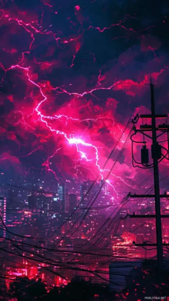 High contrast abstract scene with electric reds and purple flashes, ideal dark trippy wallpaper aesthetic.