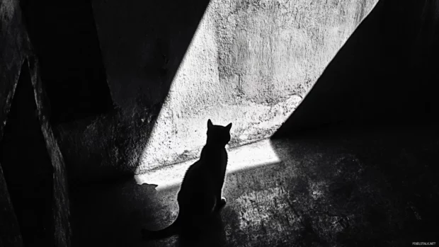 High contrast black and white photo of cat in shadows.