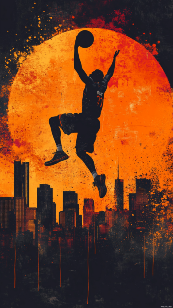 High contrast cool basketball art wallpaper, silhouette of player jumping against a city skyline.