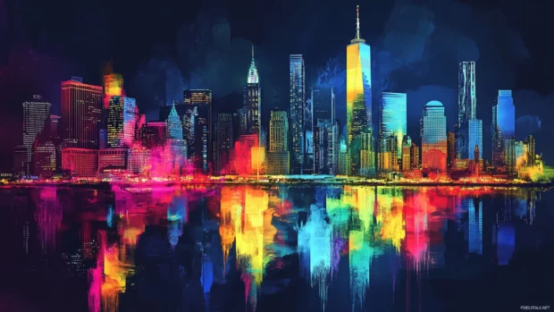High contrast graffiti cityscape wallpapers with skyline outlined in vivid color strokes.