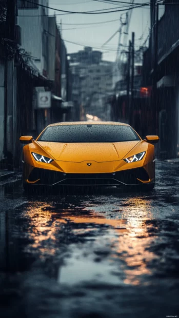 High contrast phone Lamborghini Wallpapers with headlights glowing in a rain soaked alley.