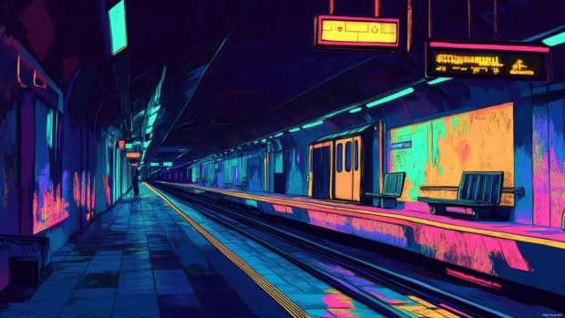 High contrast scene featuring Retro Metro Station immersed in glowing chaos.