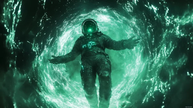 High definition Astronaut in Space Wallpaper featuring a glowing space suit in a wormhole tunnel, created for ultra desktops.