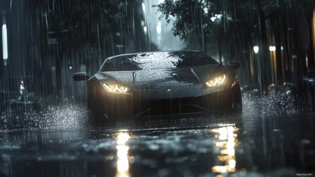 High definition Black Lamborghini wallpaper with headlights glowing through heavy rain.