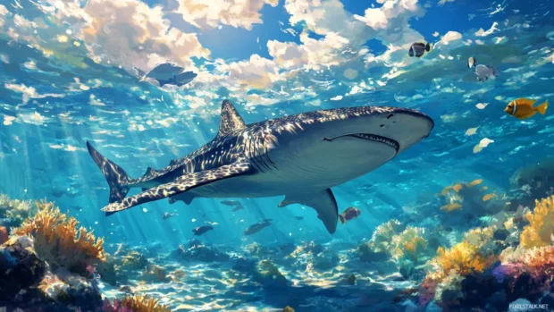 High definition wallpaper of whale shark in shallow waters near reef edge.
