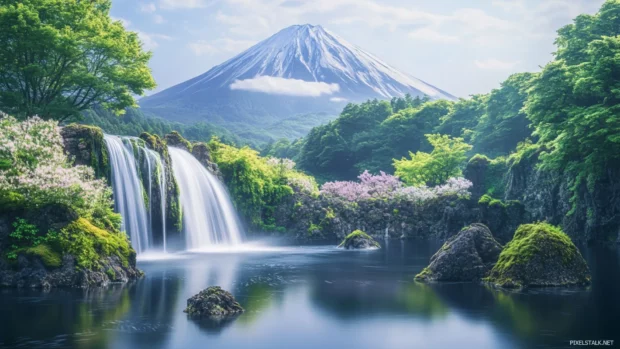 High definition waterfall plunge framed by mossy rocks, loved by fans of immersive Nature PC Wallpapers.