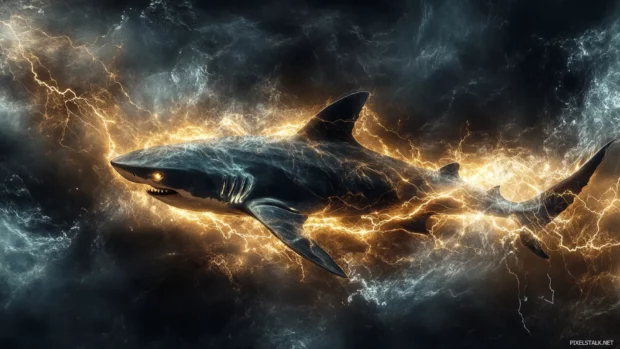 High detail cool shark wallpaper with lightning bolts and metallic textures.