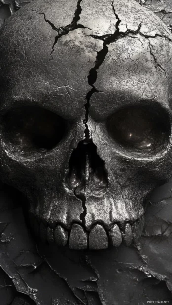 High detail skull iPhone wallpapers showing cracked texture and subtle glow.