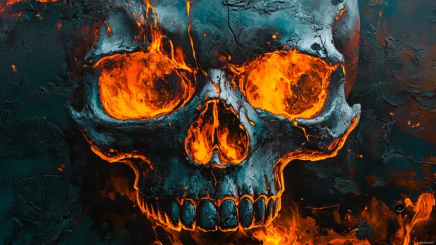 High detail skull wallpaper 4K with realistic shading and fire glow.